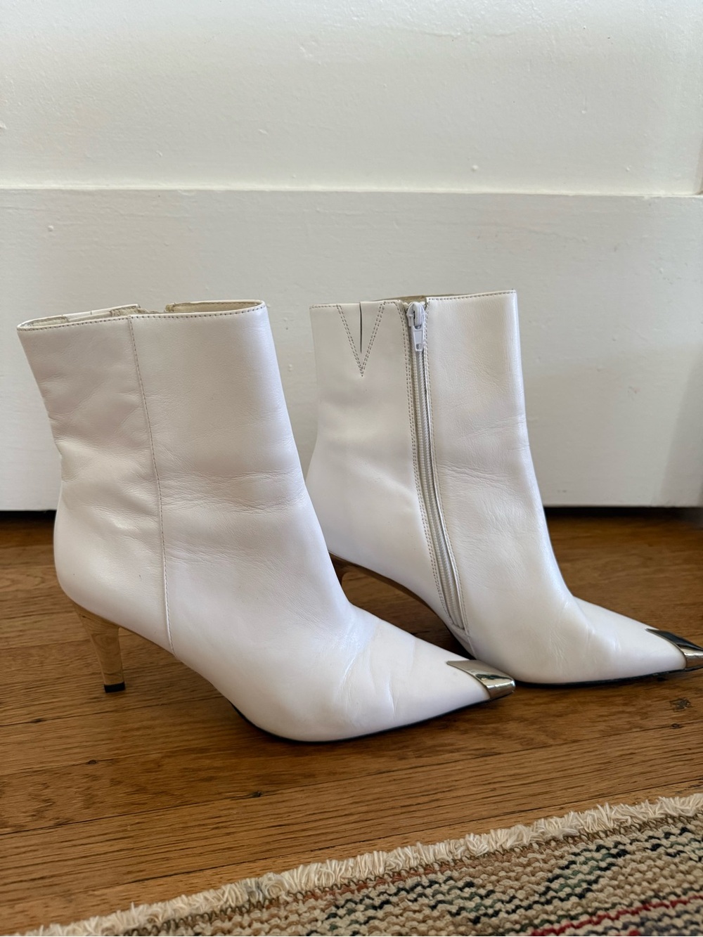 Jeffrey Campbell White Leather Pointed Ankle Boots with Metal Toe